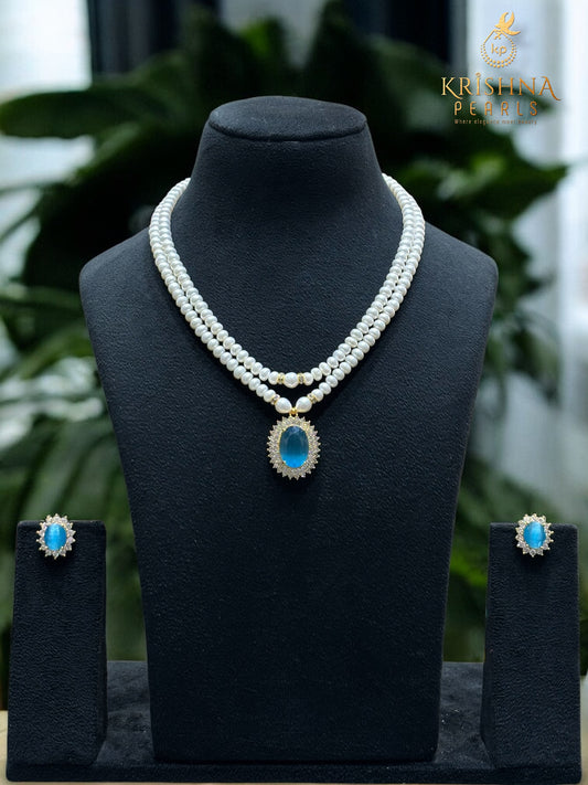 Blue Stone Studded Pearls Necklace Set