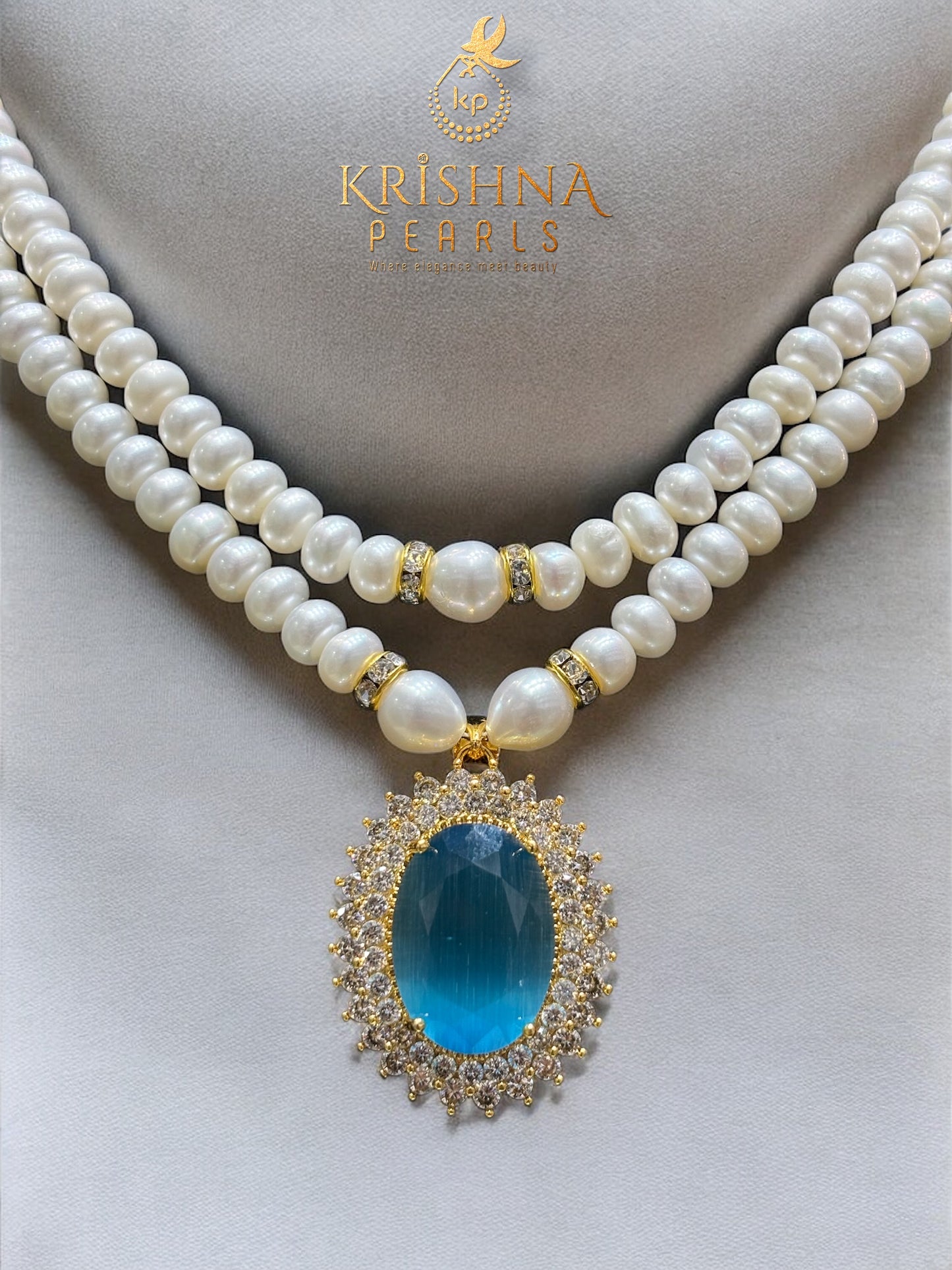 Blue Stone Studded Pearls Necklace Set
