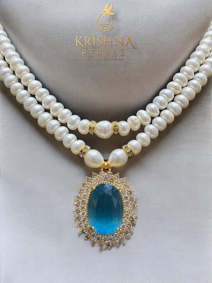Blue Stone Studded Pearls Necklace Set