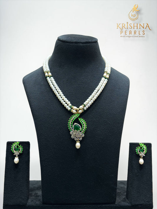 Designer Two Rows Pearl and Emerald Necklace and Bangles Complete Set