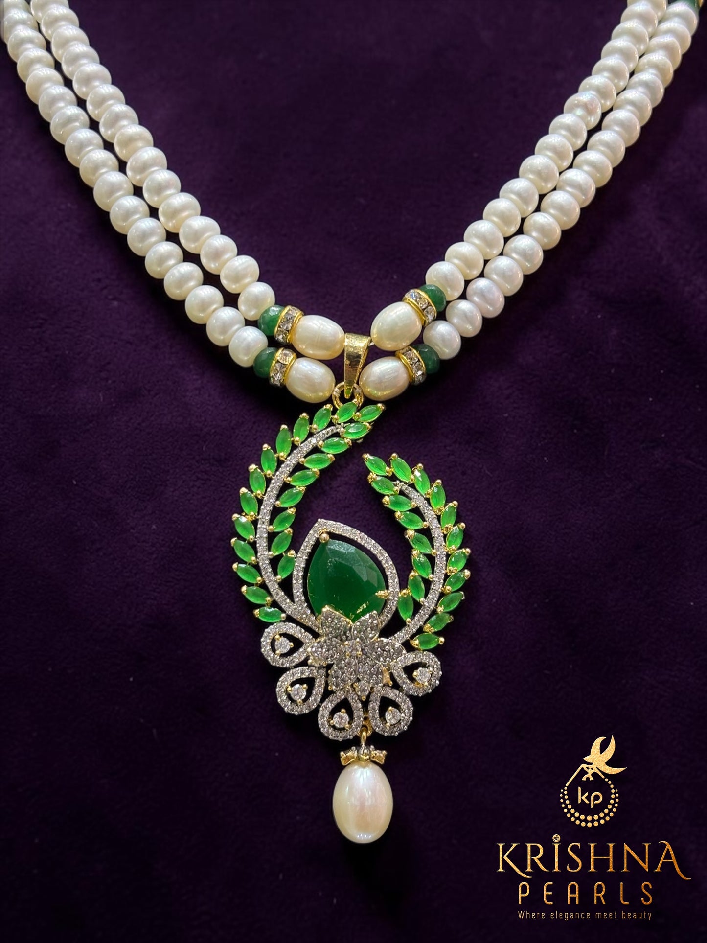 Designer Two Rows Pearl and Emerald Necklace and Bangles Complete Set