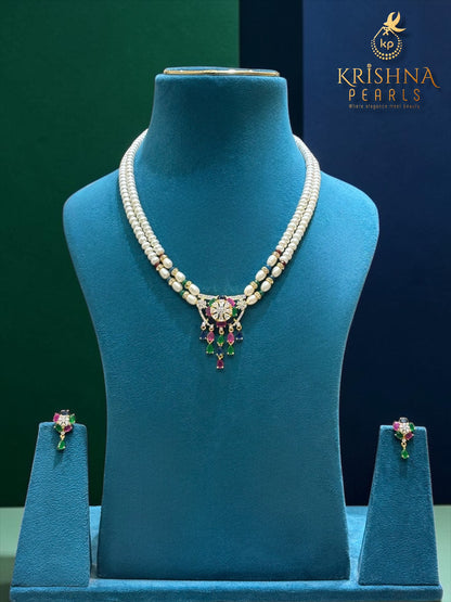 Royal Ruby,Emerald & Blue Sapphire Studded Pearls Necklace Set