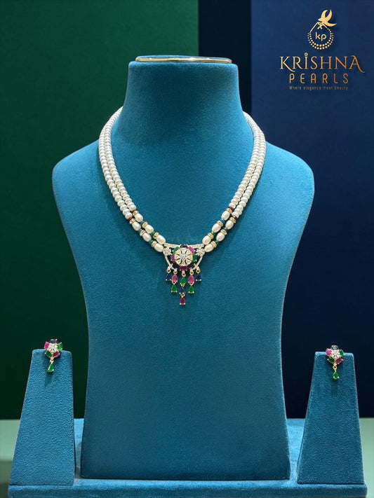Royal Ruby,Emerald & Blue Sapphire Studded Pearls Necklace Set