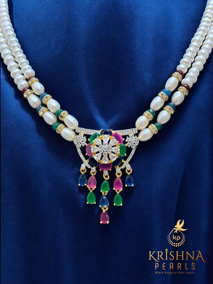Royal Ruby,Emerald & Blue Sapphire Studded Pearls Necklace Set