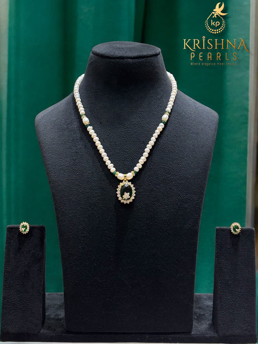 Elegant Green Stone Studded Pearls Necklace Set