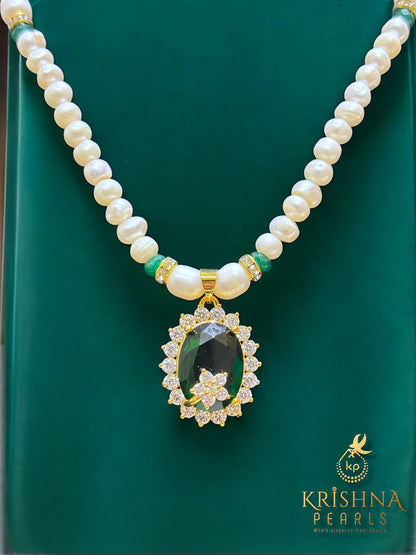 Elegant Green Stone Studded Pearls Necklace Set
