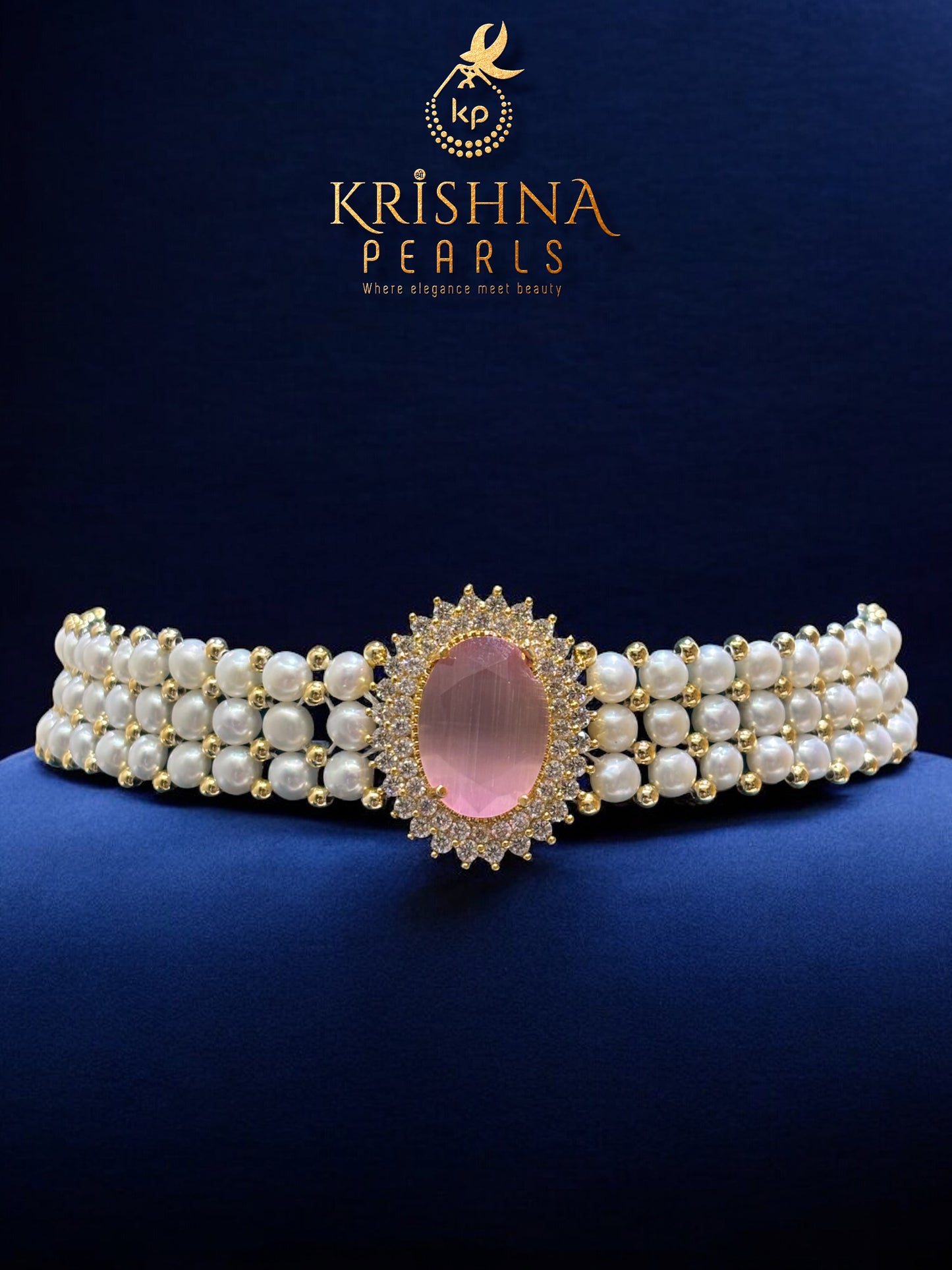 Rose Quartz Studded Button Pearls Choker Set