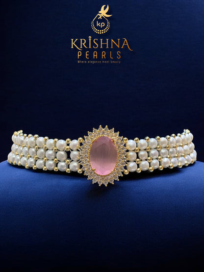 Rose Quartz Studded Button Pearls Choker Set
