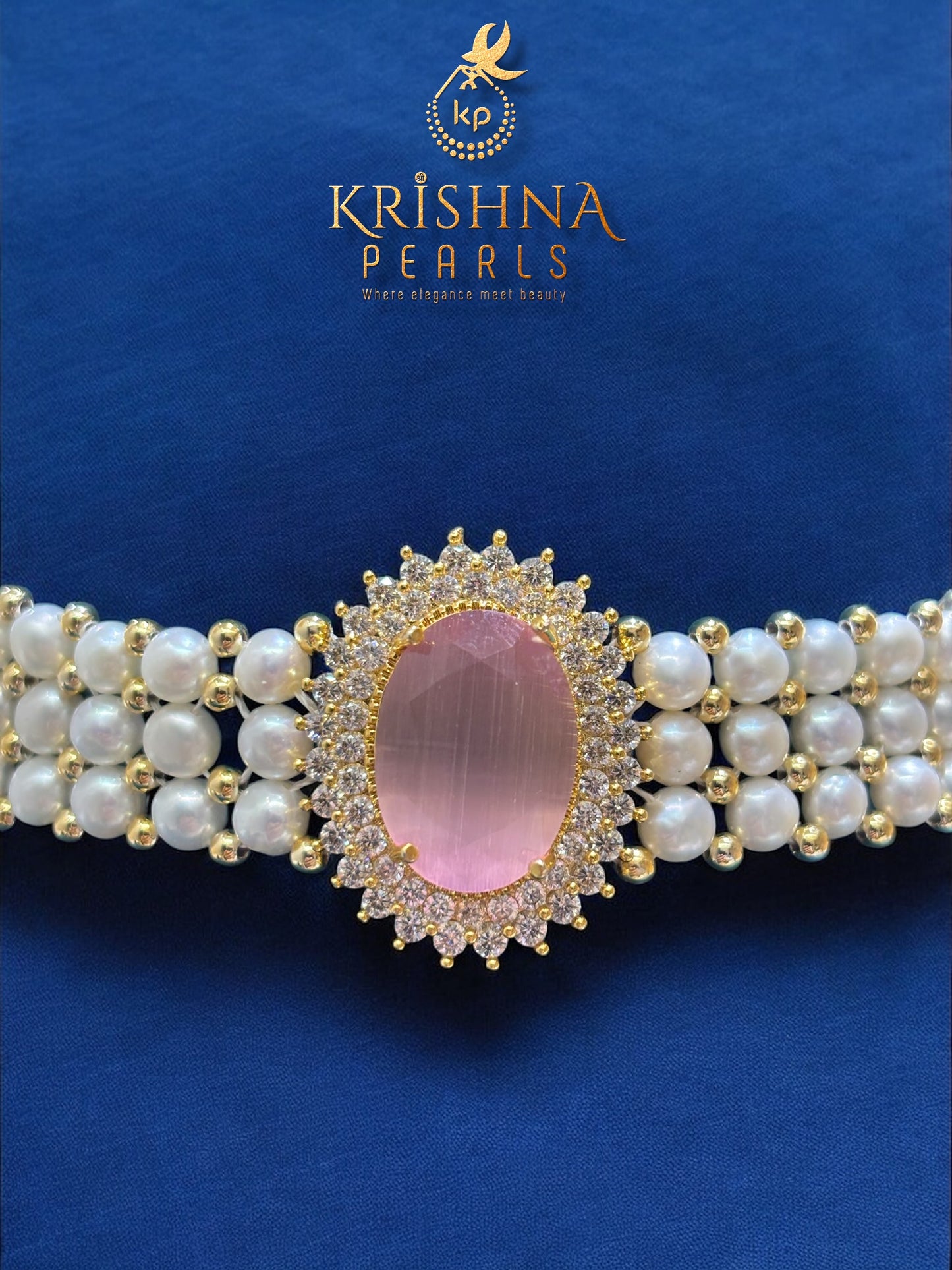 Rose Quartz Studded Button Pearls Choker Set