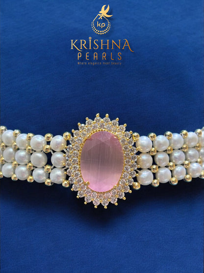 Rose Quartz Studded Button Pearls Choker Set