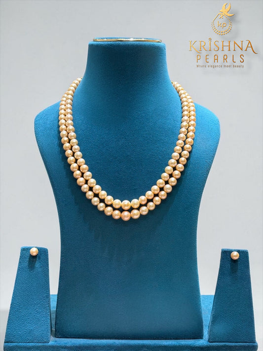 Premium Quality Graduated Peach Pink Pearl Double Layer Necklace Set AAA