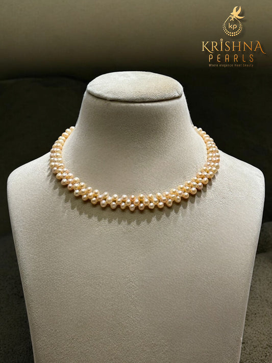 Peach Pink Pearls Hand Woven  Necklace Set