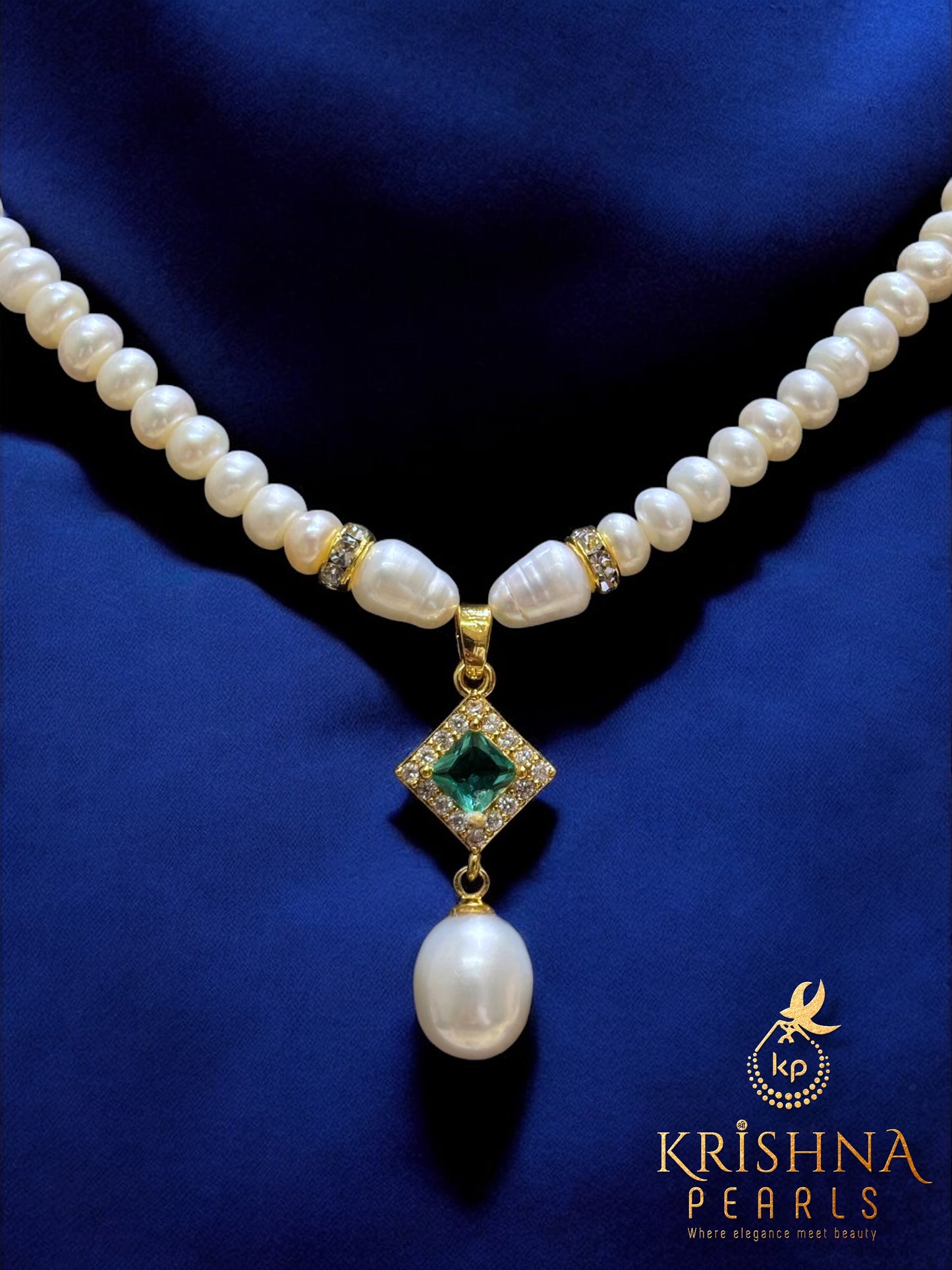 Elegant Emerald Studded Pearls Combo Set ( Single Line Pendent Set With Finger Ring )