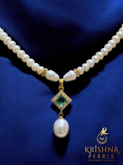 Elegant Emerald Studded Pearls Combo Set ( Single Line Pendent Set With Finger Ring )