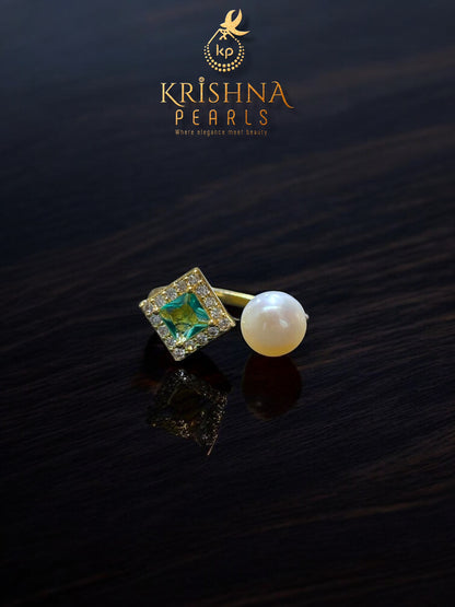 Elegant Emerald Studded Pearls Combo Set ( Single Line Pendent Set With Finger Ring )