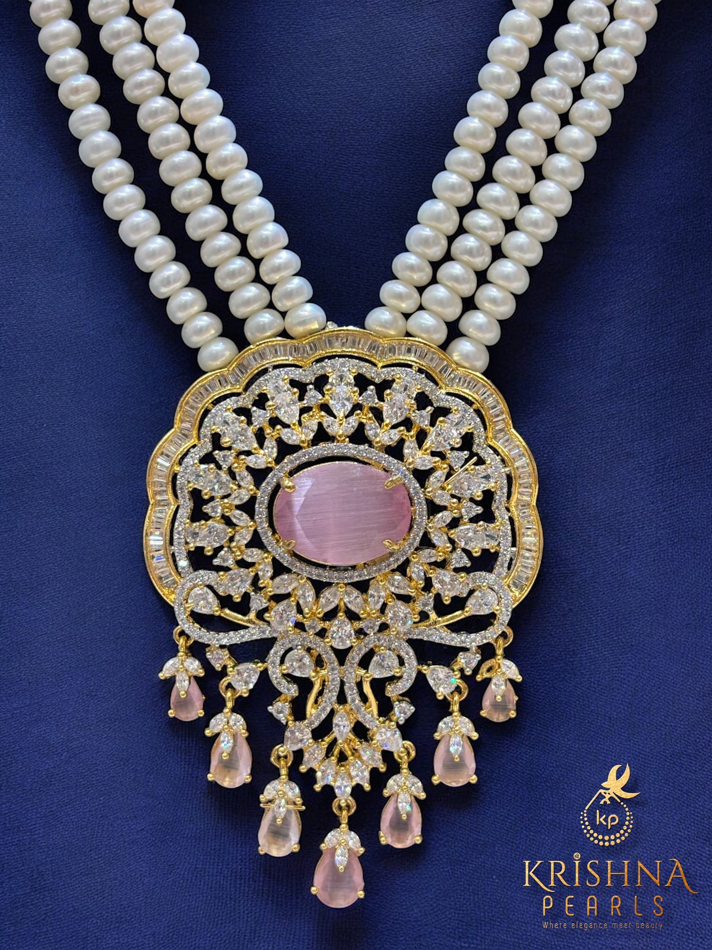 Rose Quartz Grandeur Long Three Layers Pearls Rani Haar
