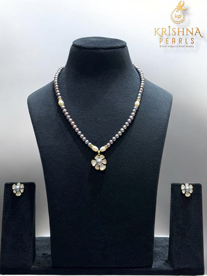 Beautiful Floral Grey Pearl Studded Pearls Combo Set ( Single Line Pendent Set With Finger Ring )