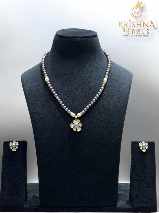 Beautiful Floral Grey Pearl Studded Pearls Combo Set ( Single Line Pendent Set With Finger Ring )