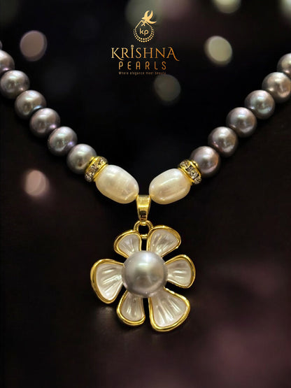 Beautiful Floral Grey Pearl Studded Pearls Combo Set ( Single Line Pendent Set With Finger Ring )
