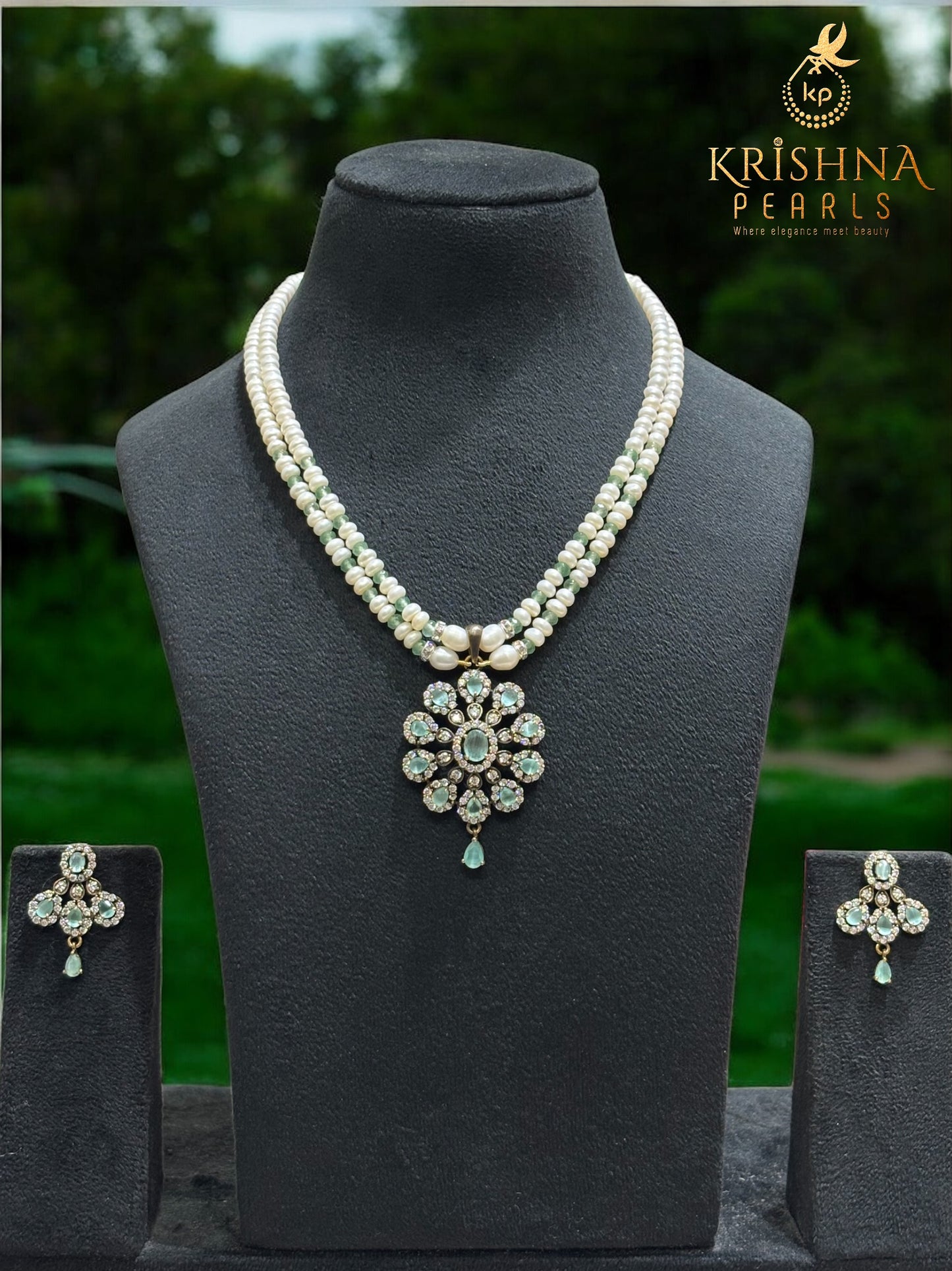 Adorable Oxidised Blue Quartz Pendent With Pearls Necklace