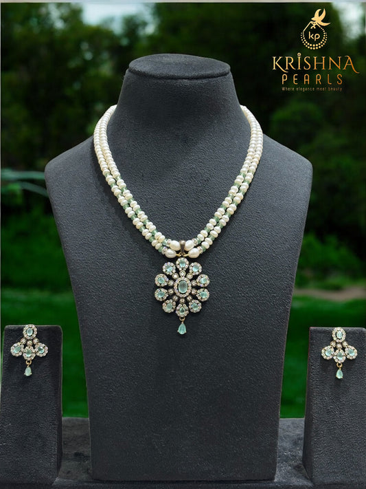 Adorable Oxidised Blue Quartz Pendent With Pearls Necklace
