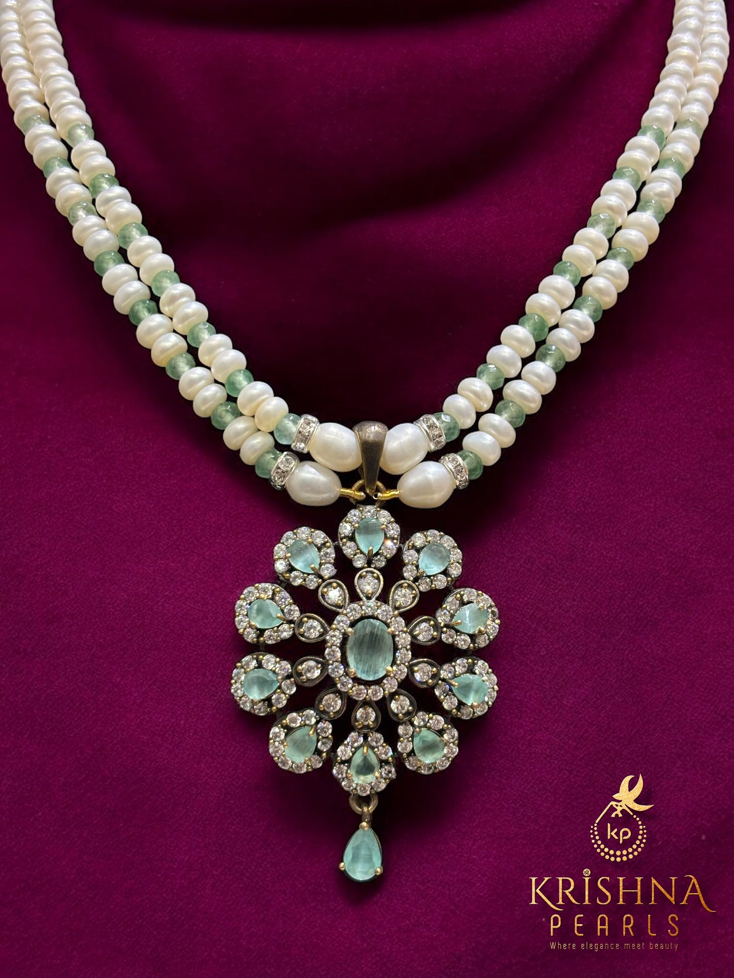 Adorable Oxidised Blue Quartz Pendent With Pearls Necklace