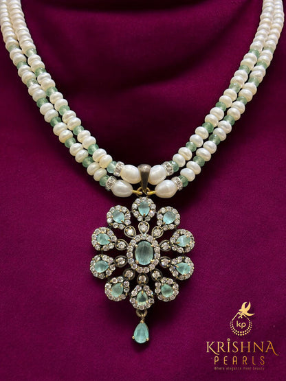 Adorable Oxidised Blue Quartz Pendent With Pearls Necklace