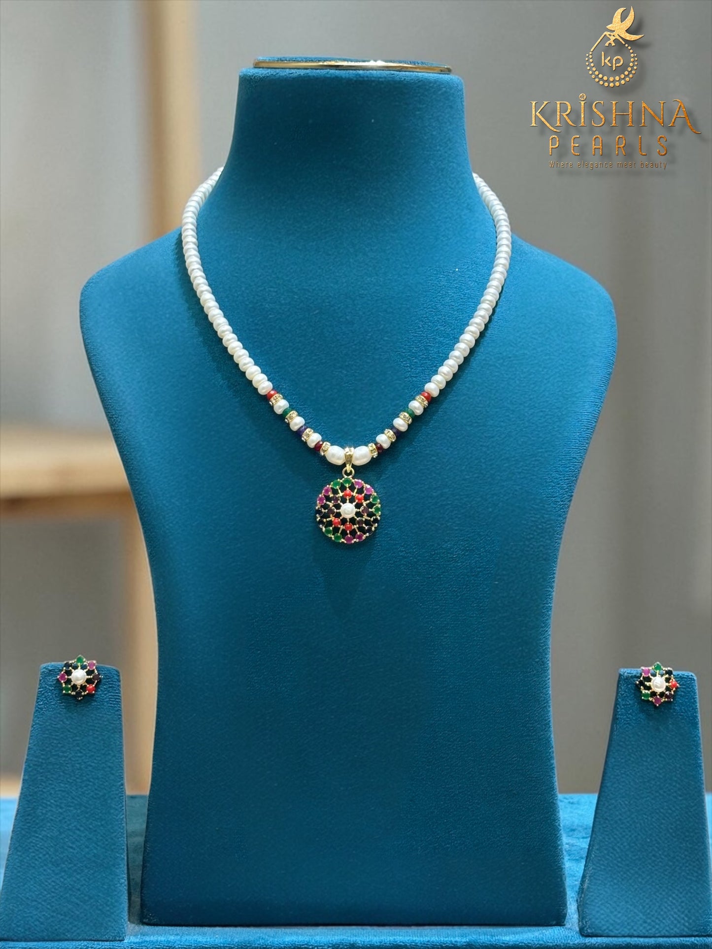 Beautiful Navratna Studded Pendent With Pearls Necklace Set
