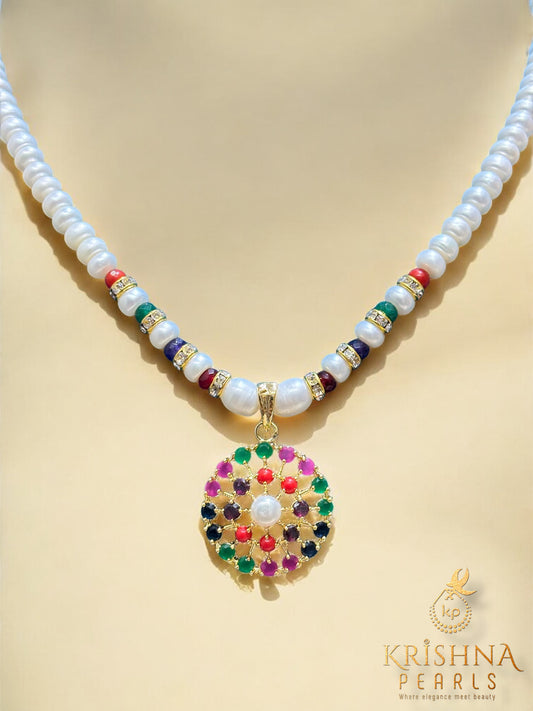 Beautiful Navratna Studded Pendent With Pearls Necklace Set