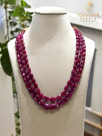 Classic Triple-Strand Ruby Beads Necklace