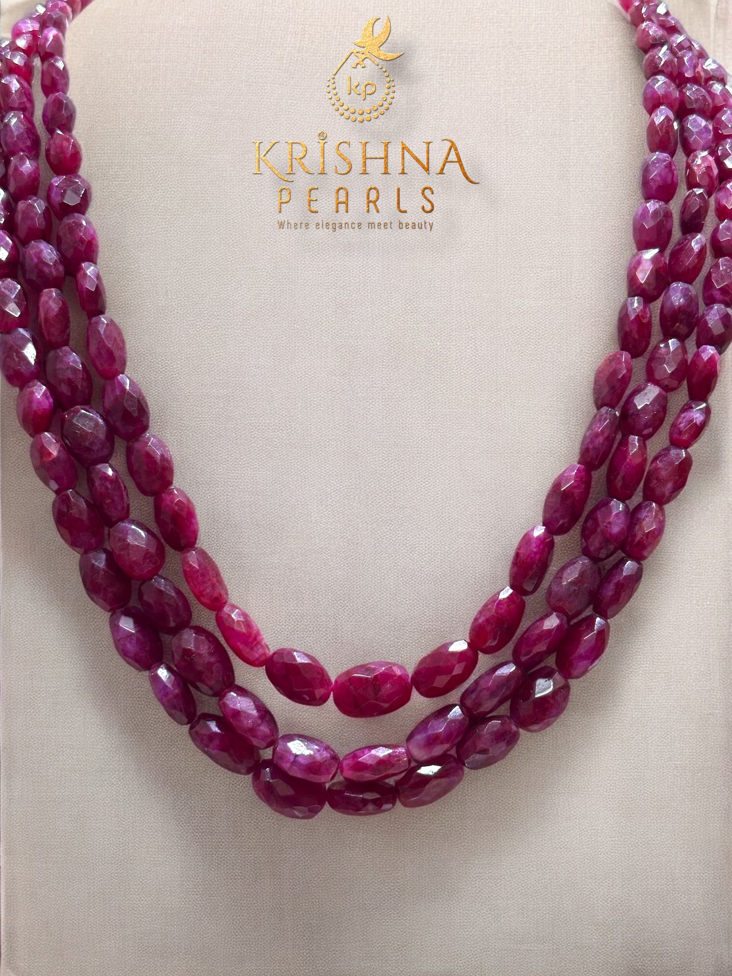 Classic Triple-Strand Ruby Beads Necklace