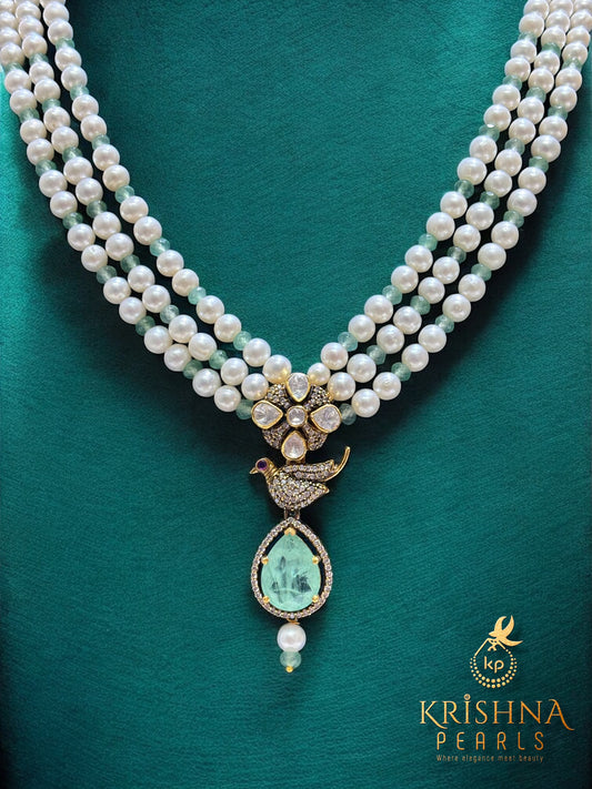 Embellishing 92.5 Silver Green Stone Zari Polki with Round Natural Pearl Necklace Set