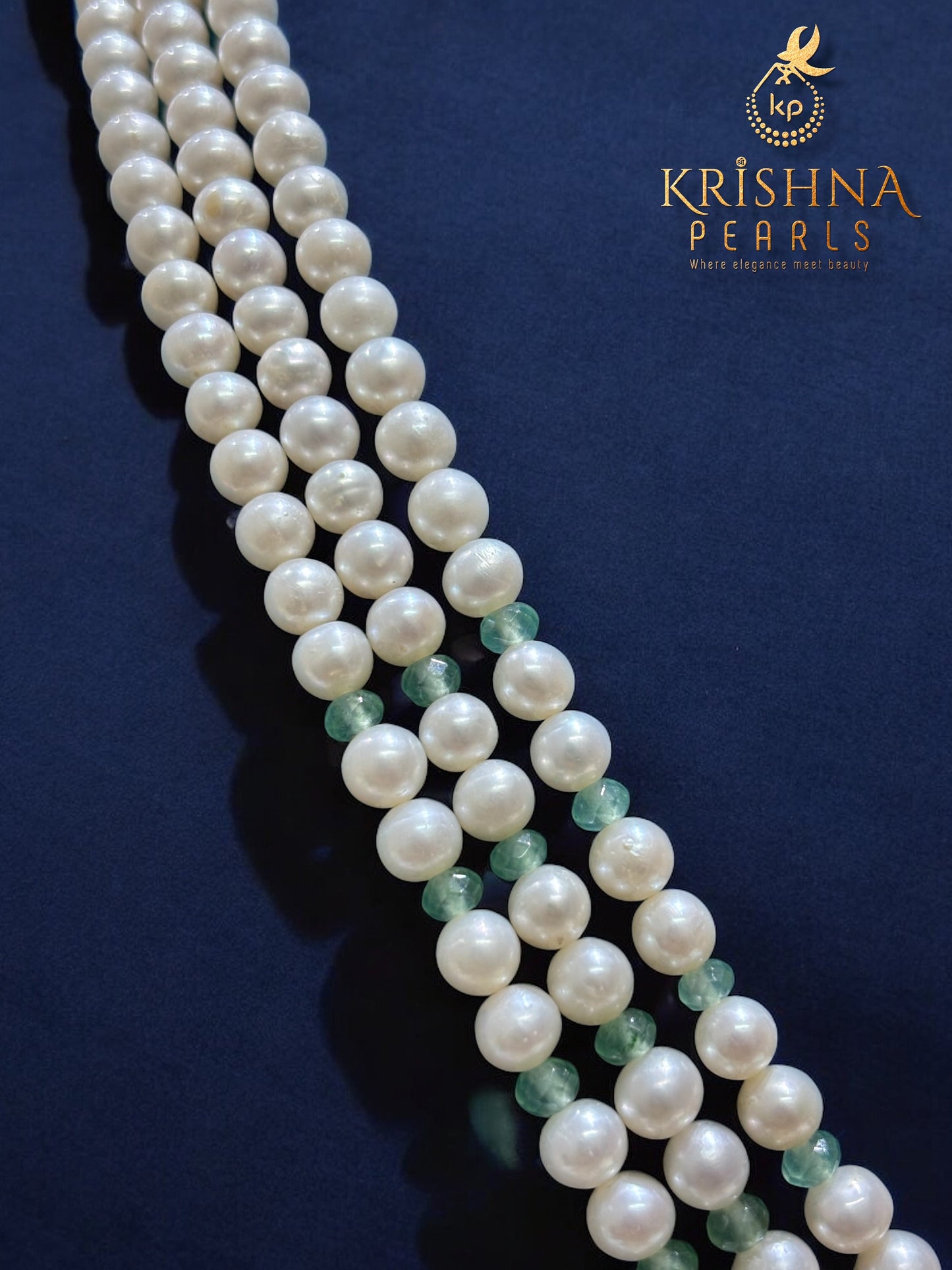Embellishing 92.5 Silver Green Stone Zari Polki with Round Natural Pearl Necklace Set