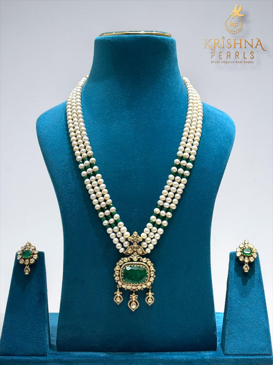 Timeless Royalty 92.5 Silver Green Stone Zari Polki with Round Natural Pearl Necklace Set