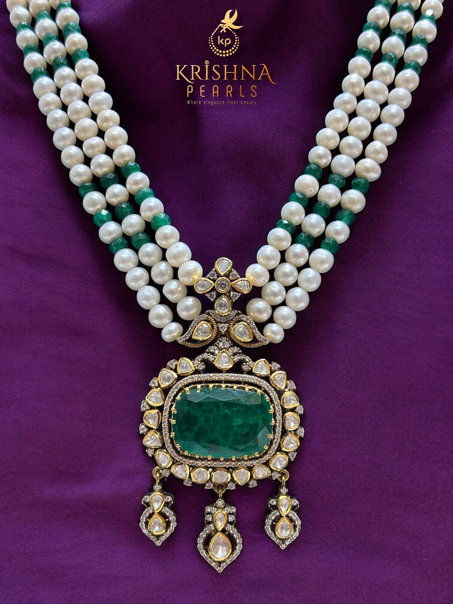 92.5 Silver Green Stone Zari Polki with Round Natural Pearl Necklace Set