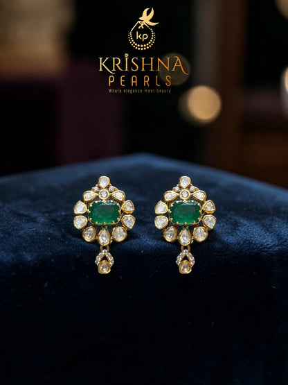 92.5 Silver Green Stone Zari Polki with Round Natural Pearl Necklace Set