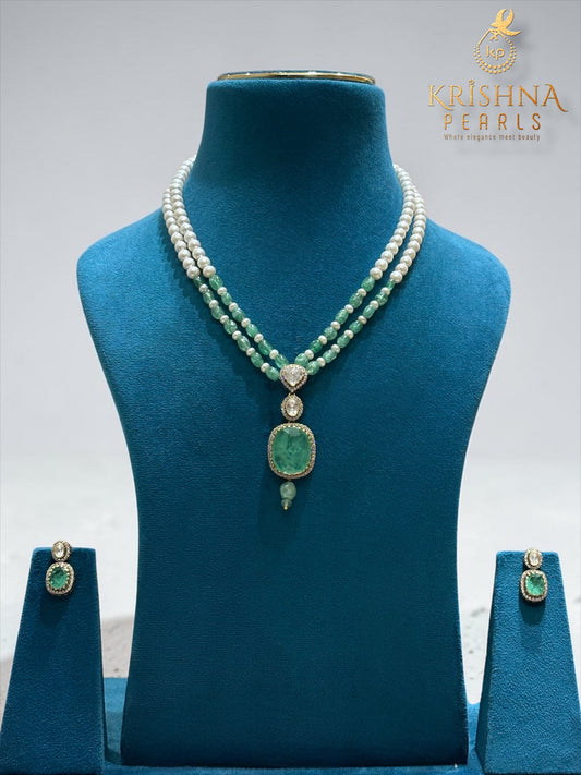 Sri Krishna Pearls Emerald Radiance Moissanite 92.5 Silver Necklace Set
