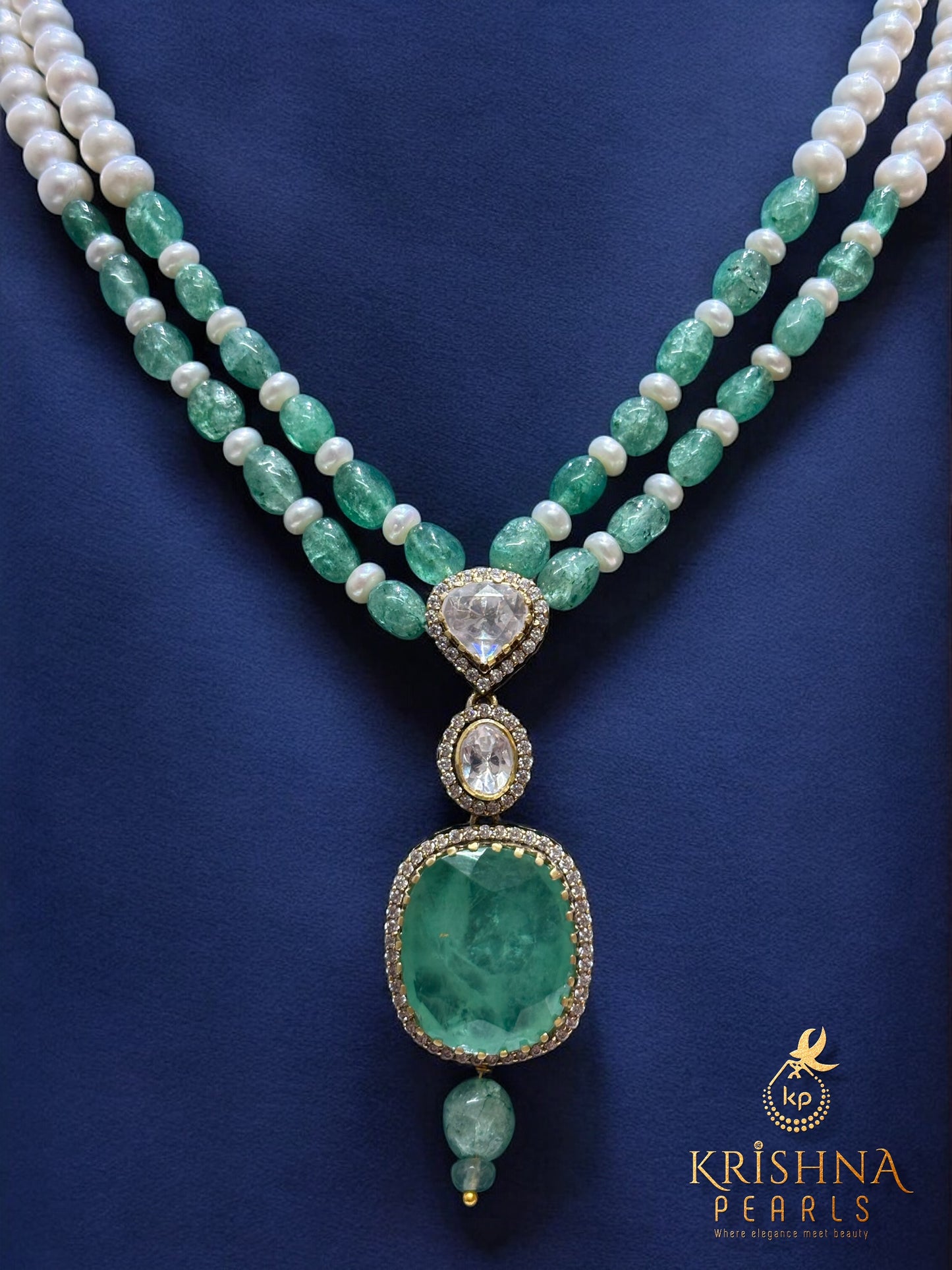 Krishna Pearls Emerald Radiance Moissanite 92.5 Silver Necklace Set