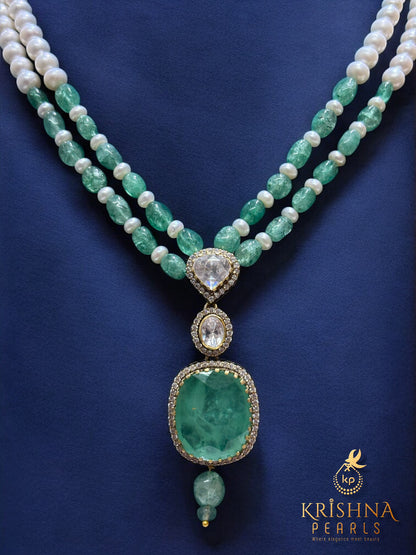 Krishna Pearls Emerald Radiance Moissanite 92.5 Silver Necklace Set
