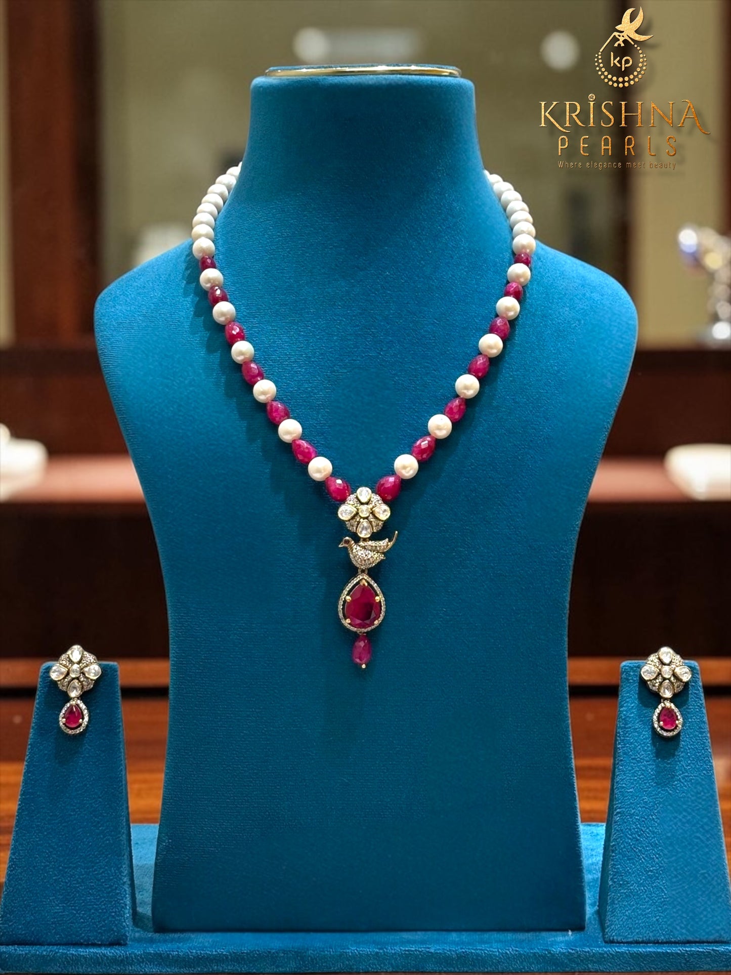 Original Pearl & Real Ruby Drop with 92.5 Pure Silver Moissanite Necklace Set