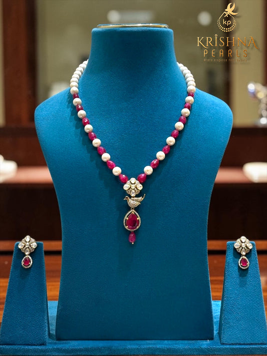Original Pearl & Real Ruby Drop with 92.5 Pure Silver Moissanite Necklace Set