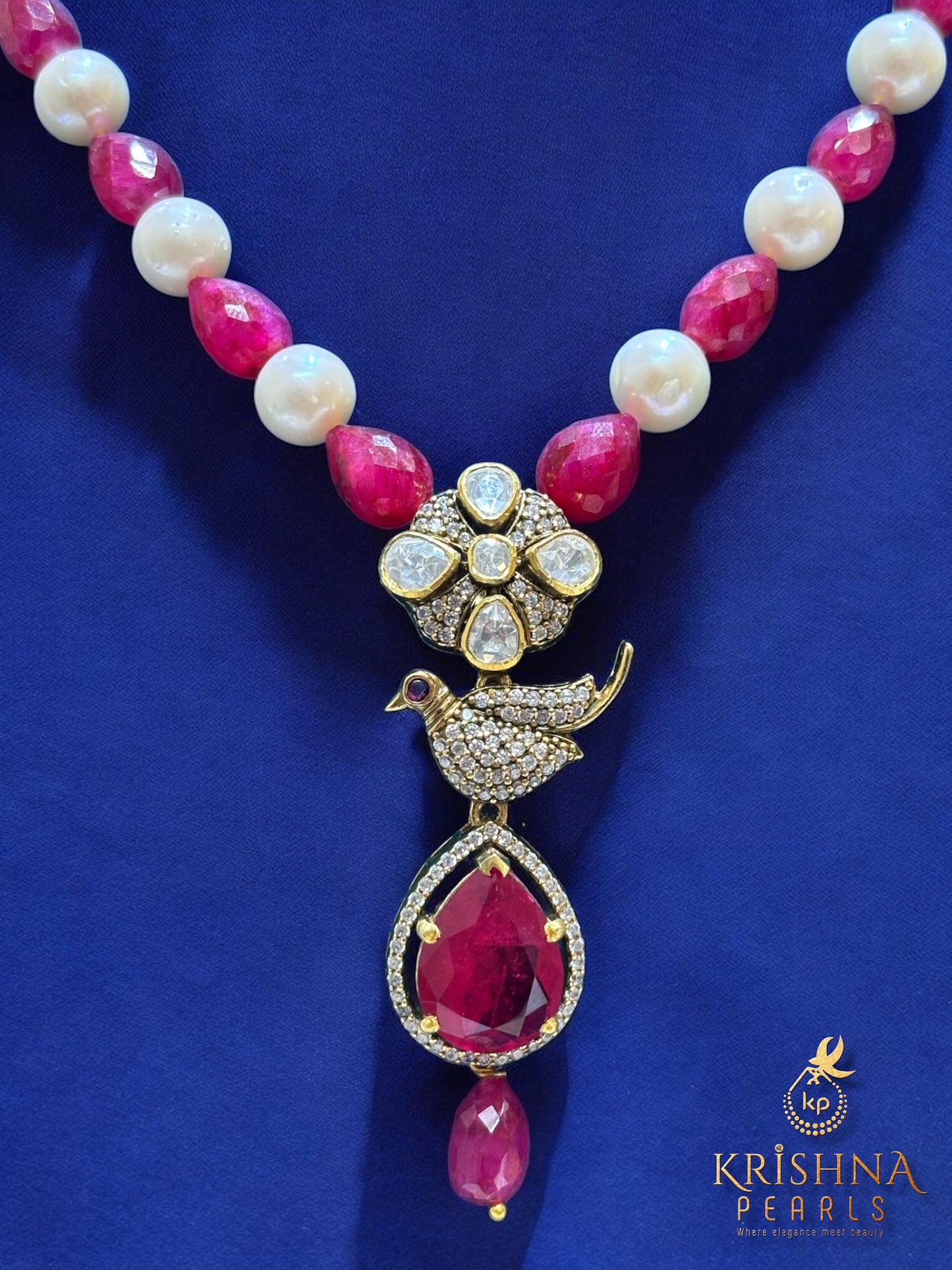 Original Pearl & Real Ruby Drop with 92.5 Pure Silver Moissanite Necklace Set