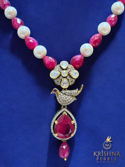 Original Pearl & Real Ruby Drop with 92.5 Pure Silver Moissanite Necklace Set
