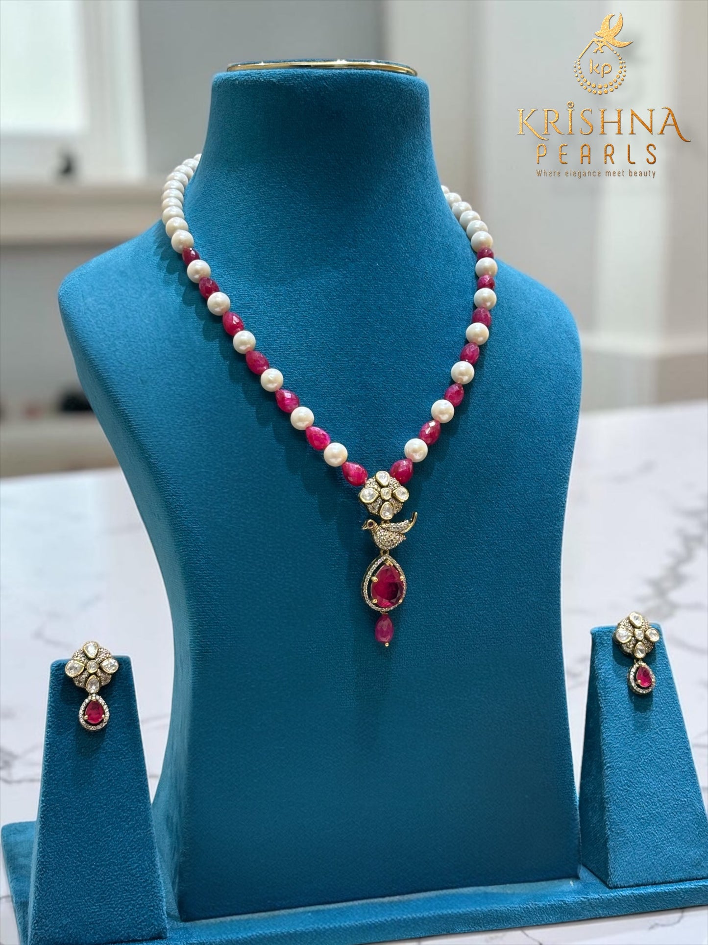 Original Pearl & Real Ruby Drop with 92.5 Pure Silver Moissanite Necklace Set