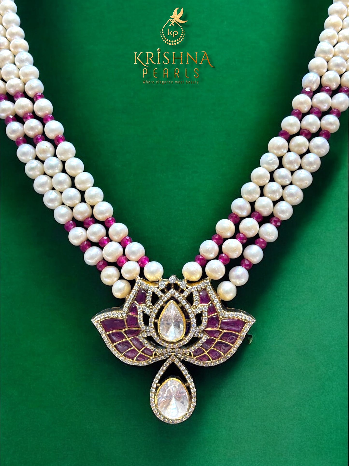 Krishna Pearls Rajwada Lotus Bloom 92.5 Silver Pearls Necklace Set
