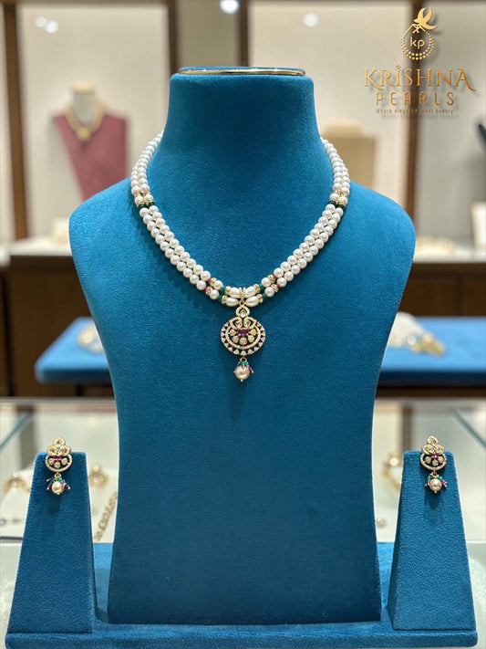 Rajkumari Heritage 92.5 Silver Two-Row Pearl Necklace Set