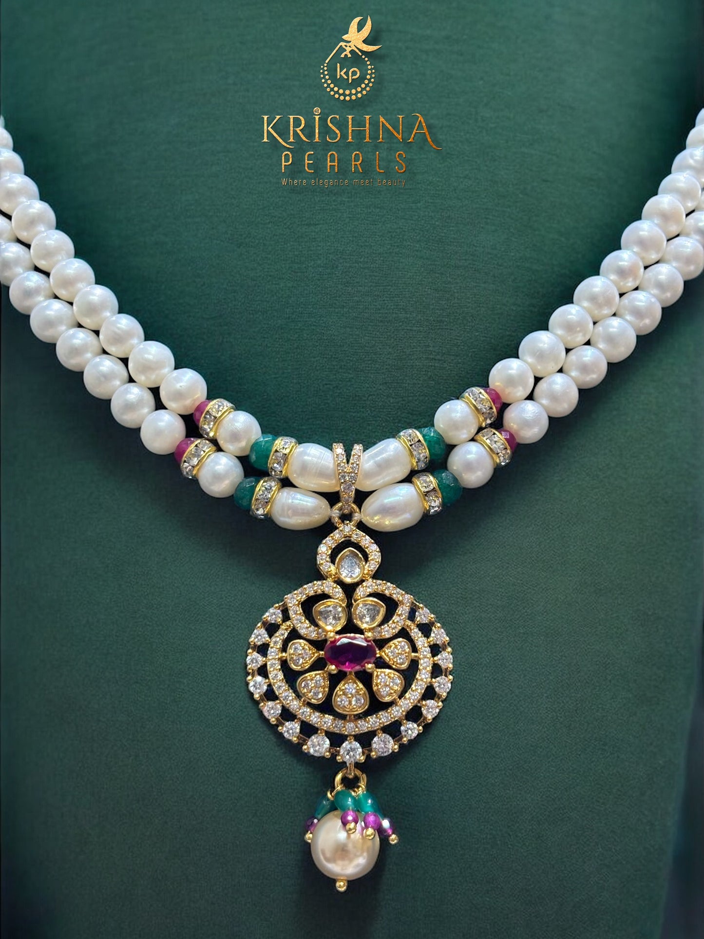 Rajkumari Heritage 92.5 Silver Two-Row Pearl Necklace Set