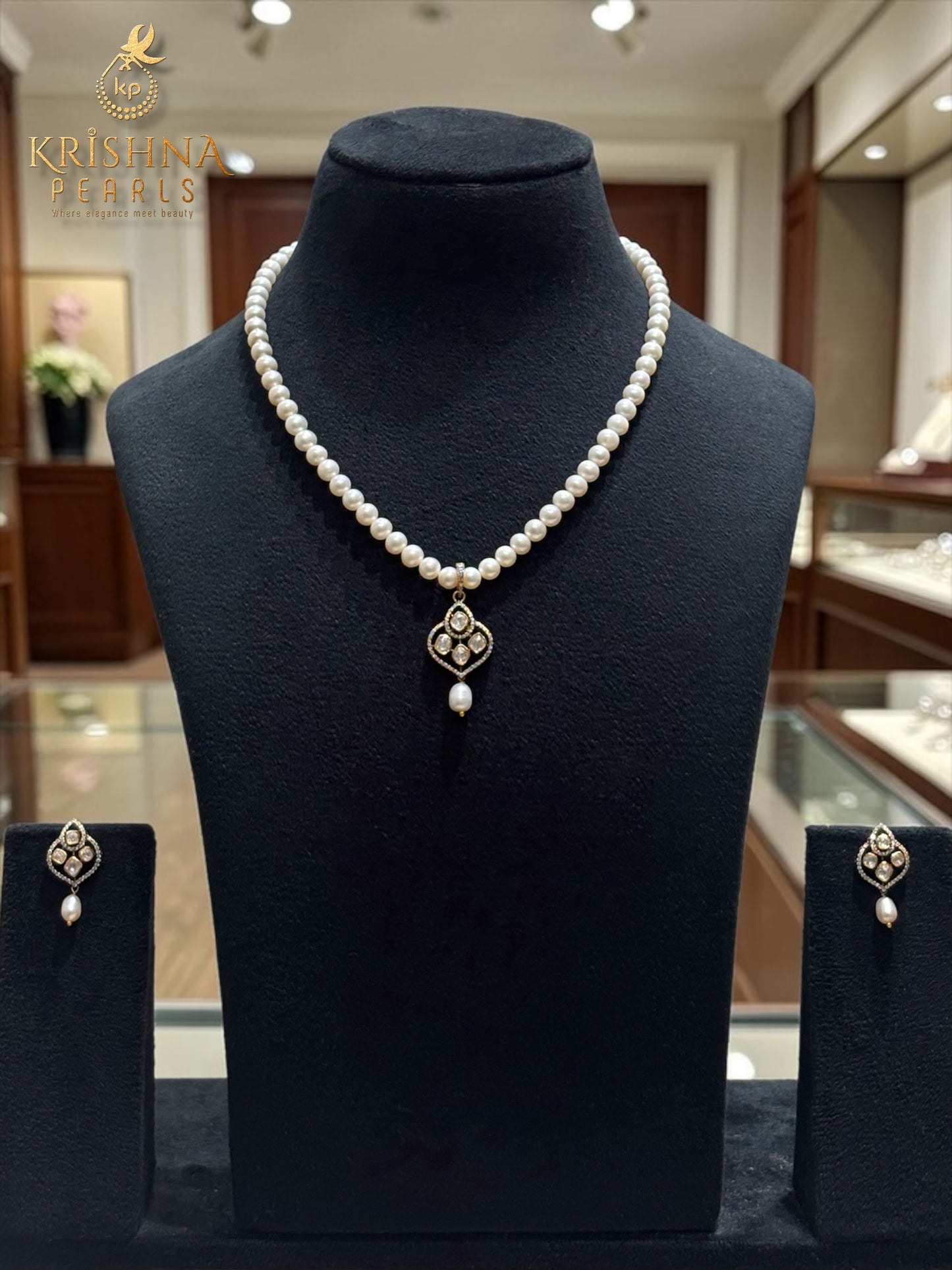 Nirvana 92.5 Silver Moissanite Kundan-Cut Round Pearls Necklace Set
