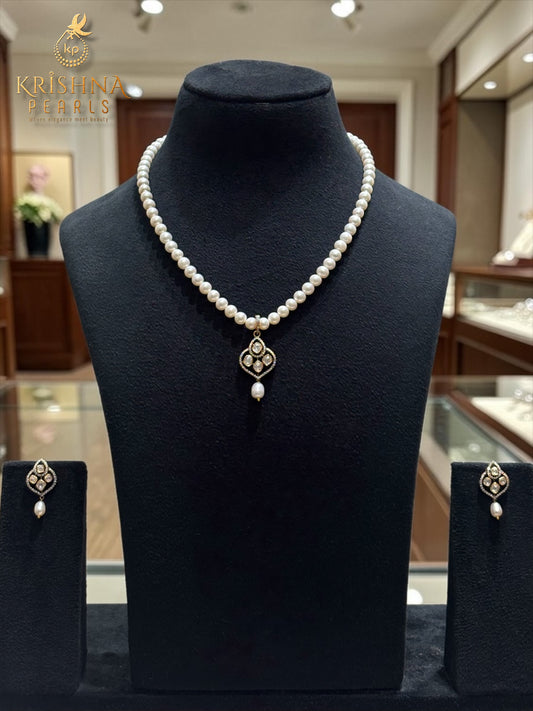 Nirvana 92.5 Silver Moissanite Kundan-Cut Round Pearls Necklace Set