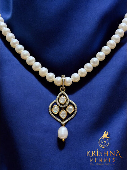 Nirvana 92.5 Silver Moissanite Kundan-Cut Round Pearls Necklace Set